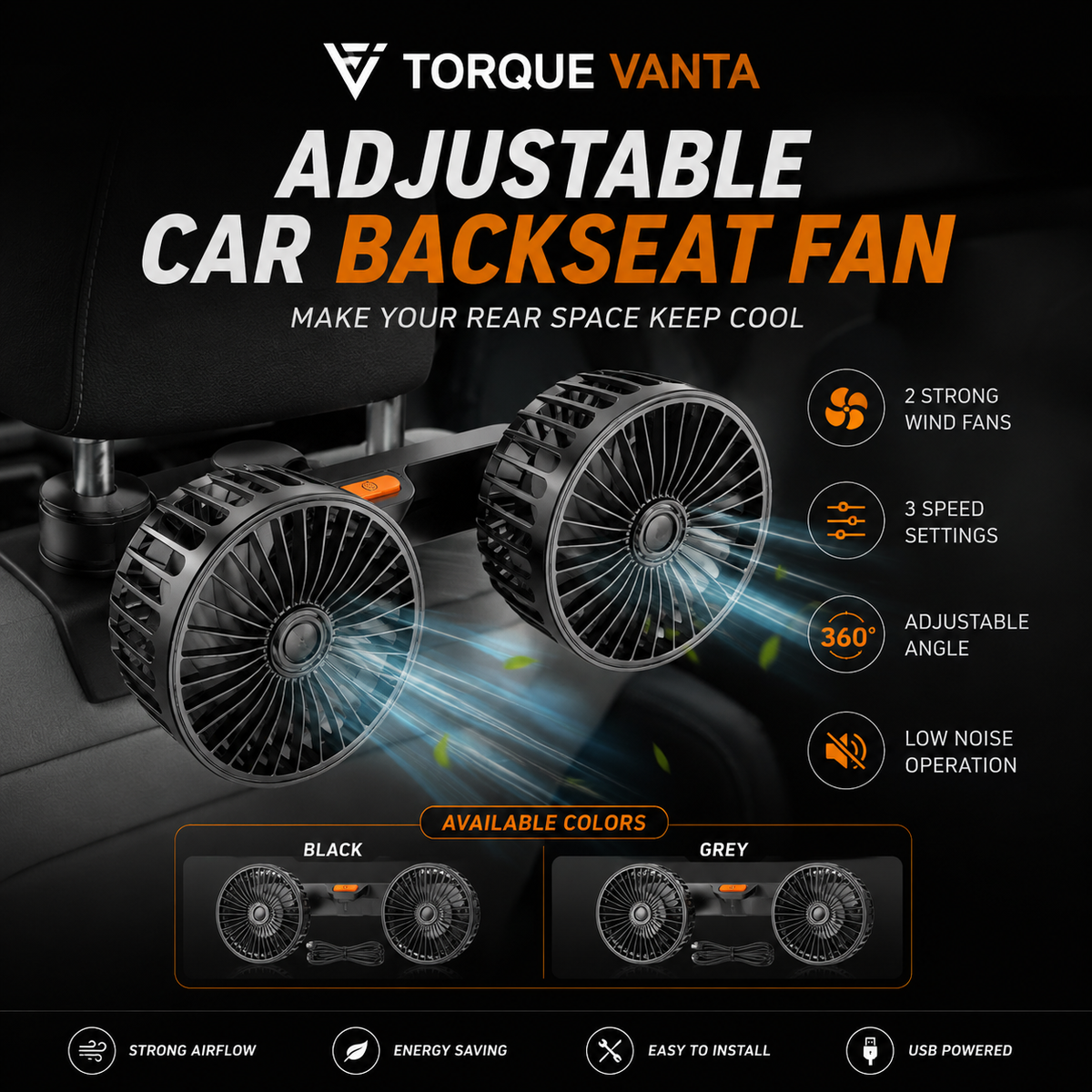TorqueVanta Dual-Head 360° Car Seat Fan – 3-Speed Rear Passenger Cooling