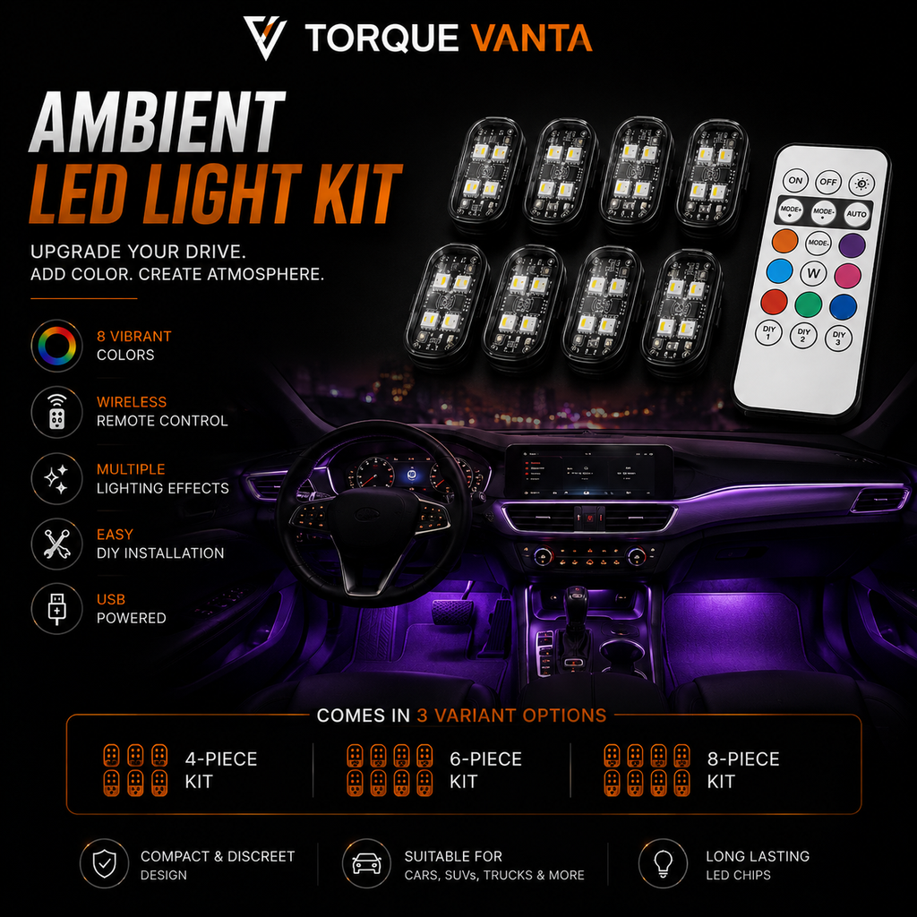 TorqueVanta 8-Color Car Interior Ambient LED Lights – Wireless Remote Control