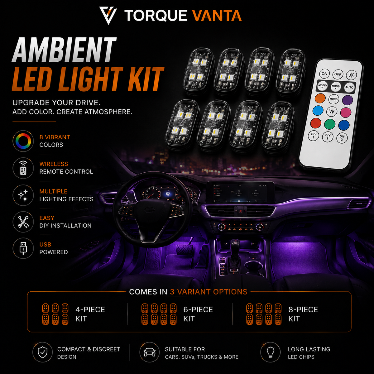 TorqueVanta 8-Color Car Interior Ambient LED Lights – Wireless Remote Control