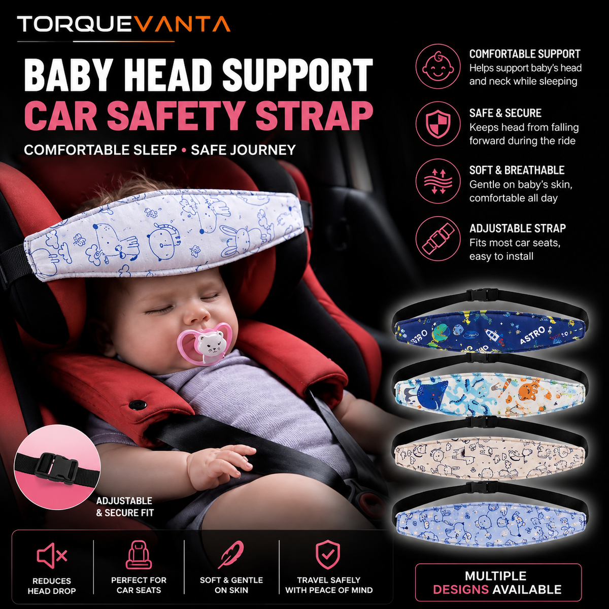 TorqueVanta Kids Car Seat Head Support Strap