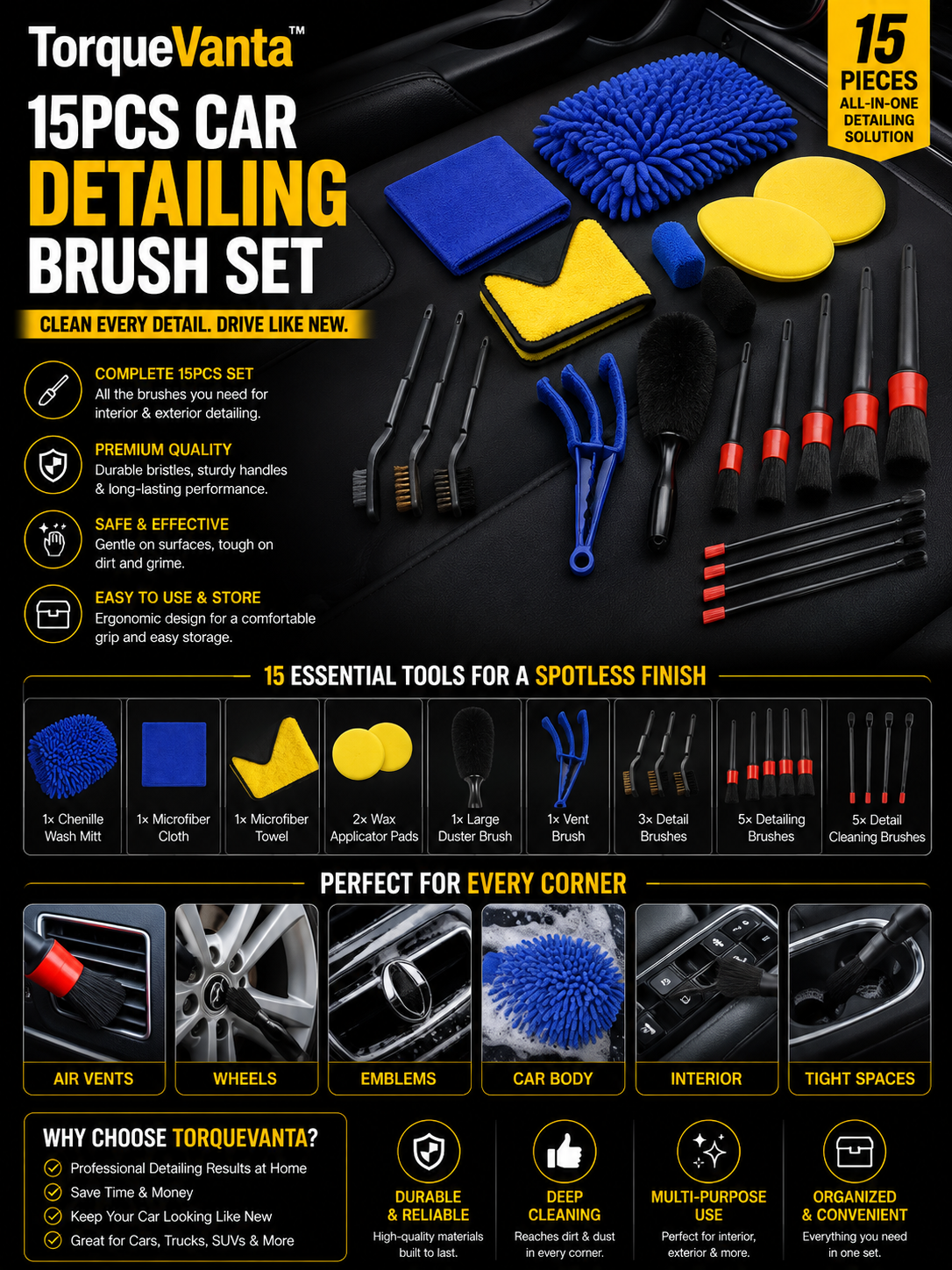 TorqueVanta 15-Piece Car Detailing Brush Set – Deep Clean Every Hard-to-Reach Area