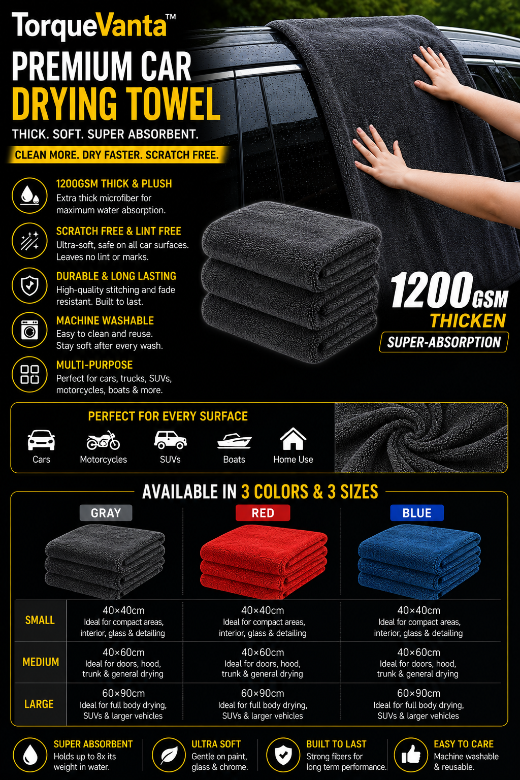 TorqueVanta Ultra-Absorbent Car Drying Towel – 1200 GSM Heavy-Duty Microfiber