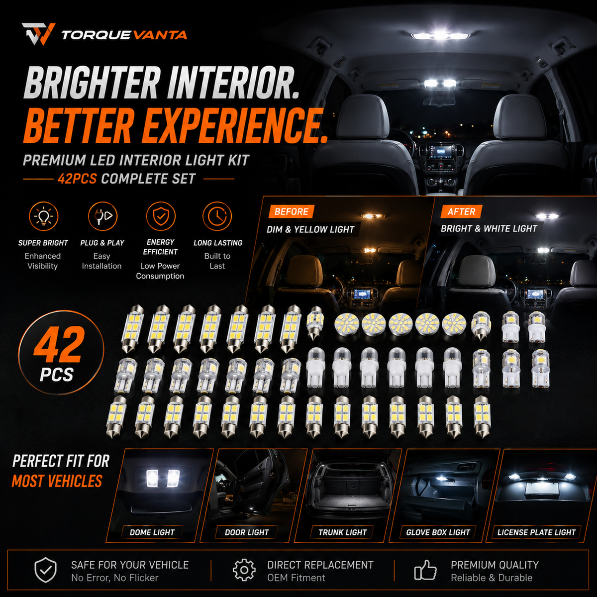 TorqueVanta 42-Piece LED Car Interior Light Bulb Kit – Bright White T10, Dome, Map & Trunk Lights