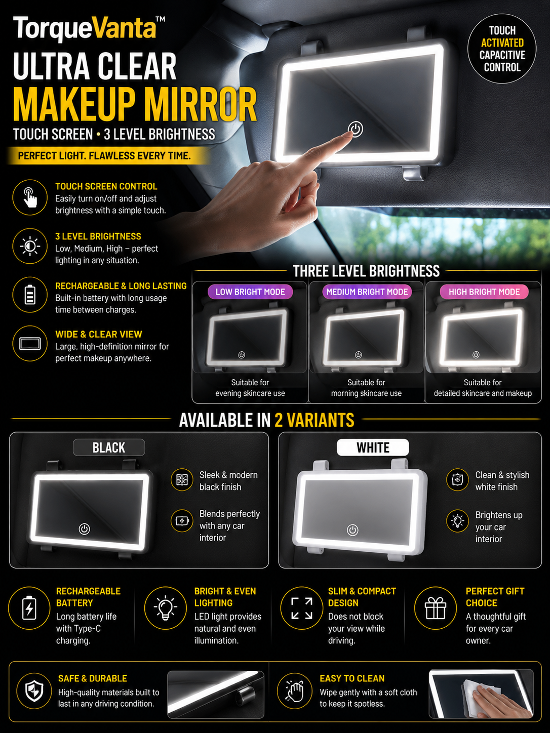 TorqueVanta LED Car Sun Visor Vanity Mirror – Touch-Control Dimmable Makeup Mirror