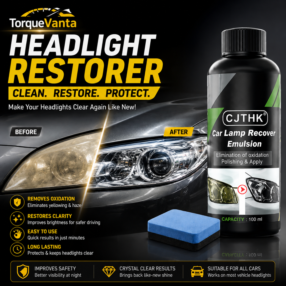 TorqueVanta Headlight Restoration Polish – Remove Yellowing, Oxidation & Haze