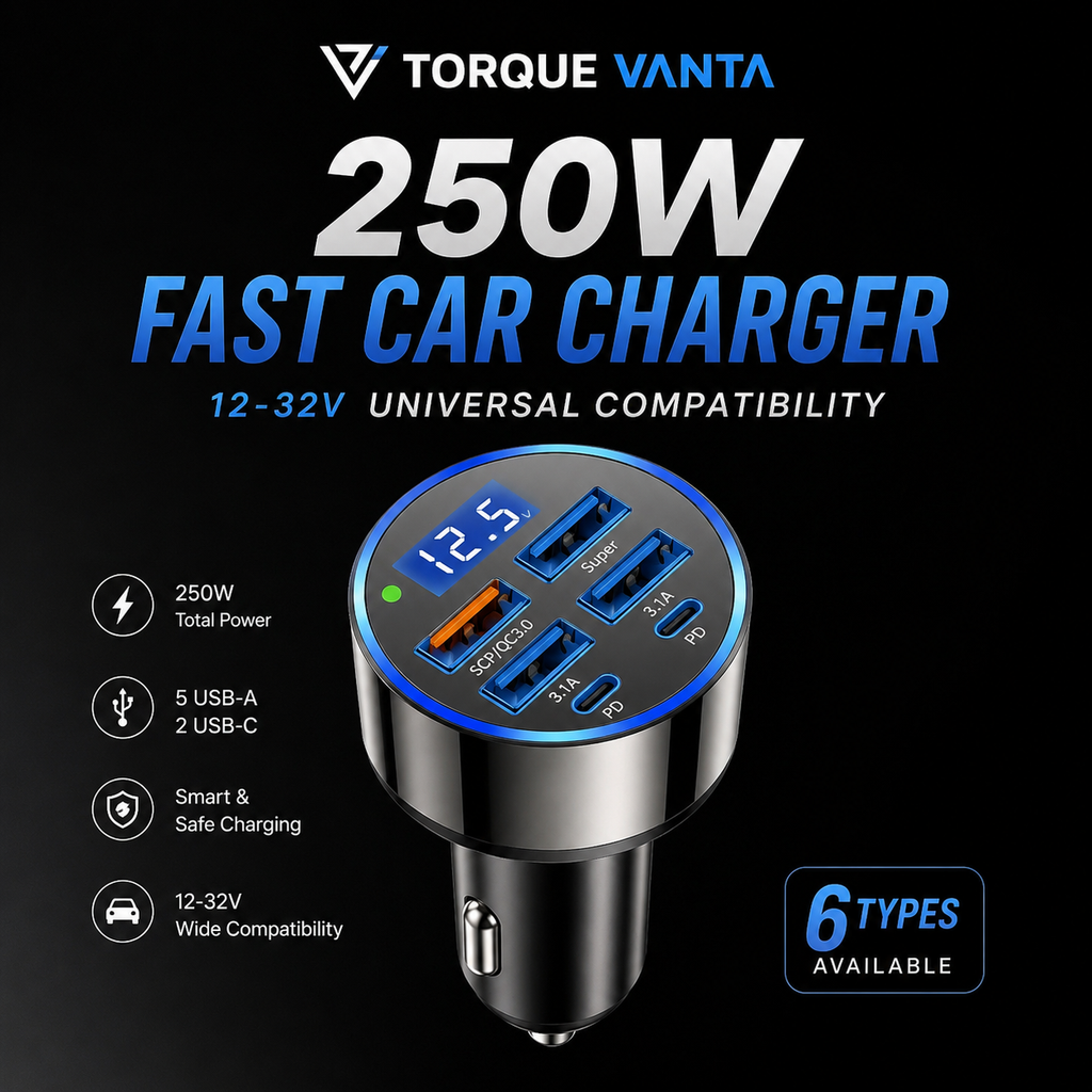 TorqueVanta Multi-Port Fast Car Charger with Digital Voltage Display