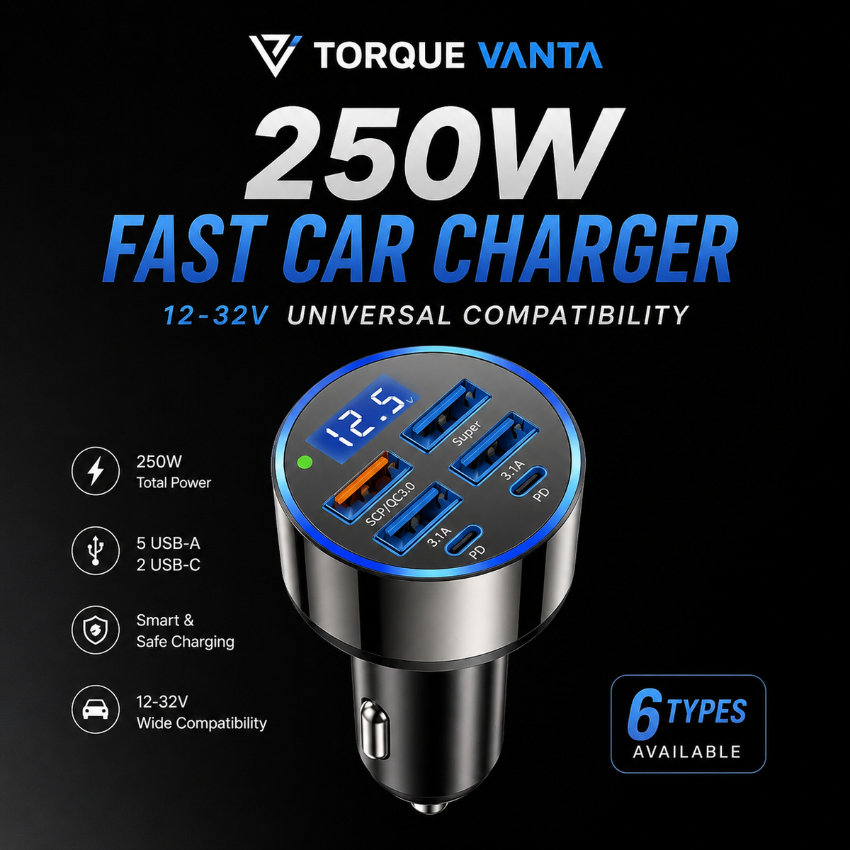 TorqueVanta Multi-Port Fast Car Charger with Digital Voltage Display