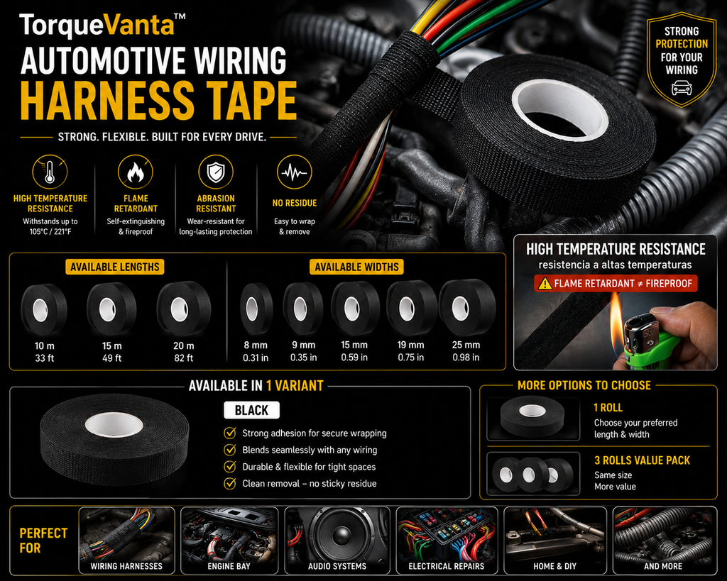 TorqueVanta Automotive Wire Harness Cloth Tape – Heat-Resistant Cable Wrap & Wiring Protection