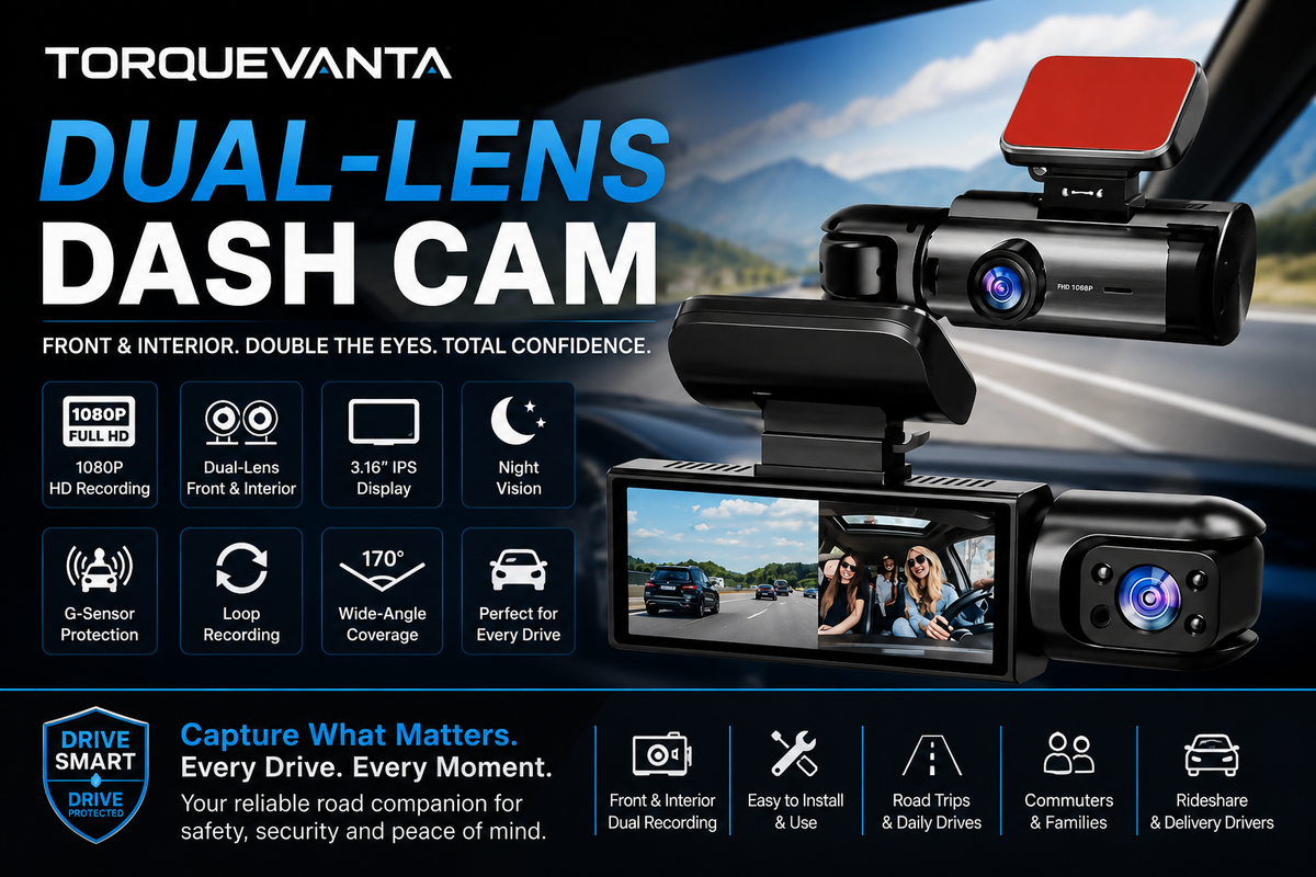 TorqueVanta 3.16” 1080P Dual-Lens Dash Cam – Front & Interior Camera, IPS Display, Night Vision & G-Sensor