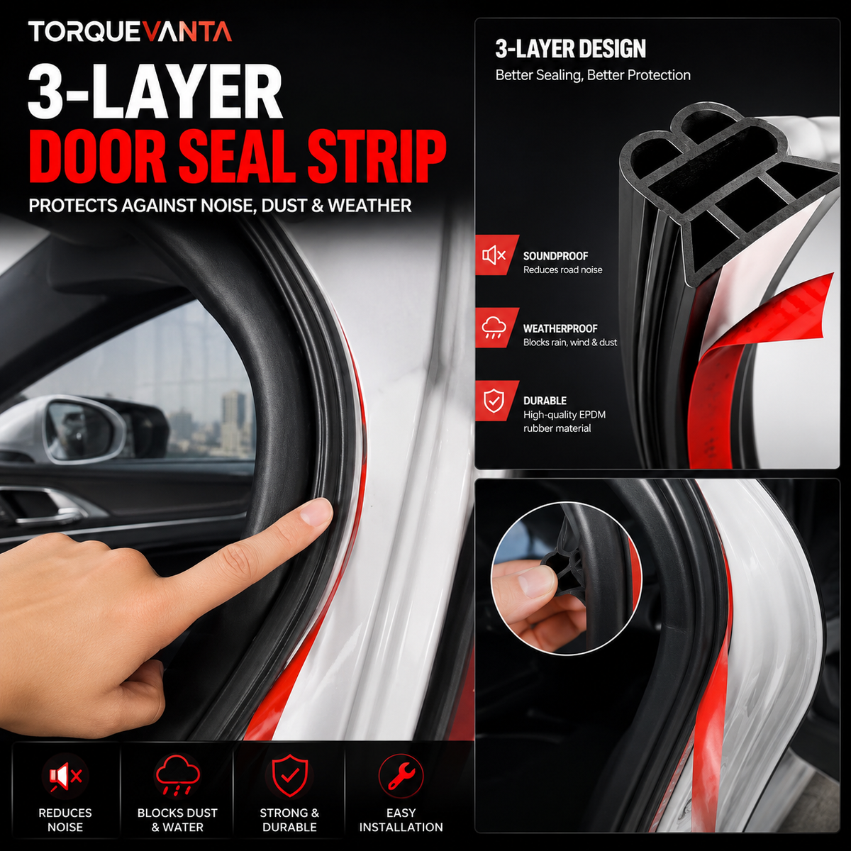 TorqueVanta 3-Layer Car Door Seal Strip – Noise & Weather Protection