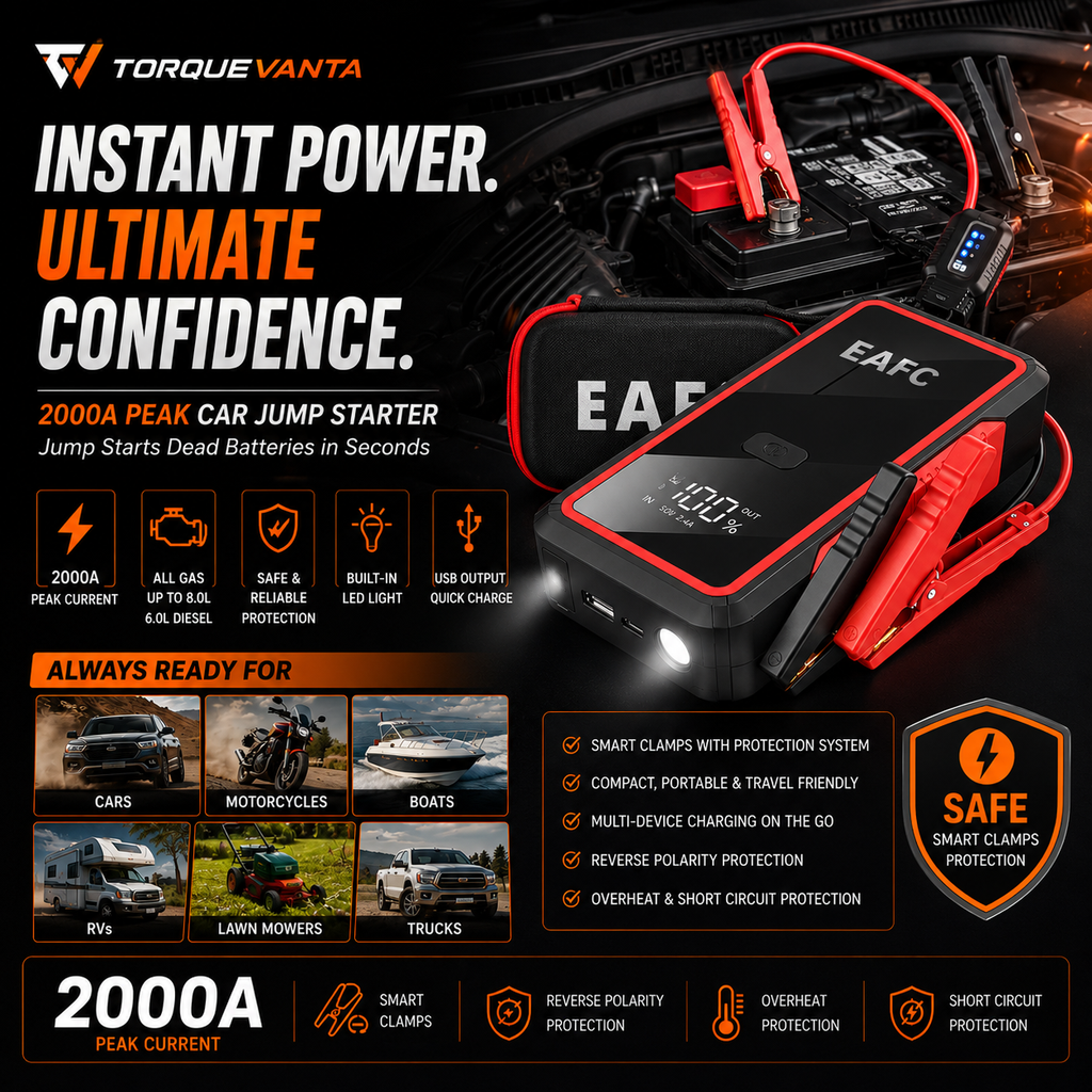 TorqueVanta 2000A Portable Car Jump Starter – 12V Emergency Battery Booster