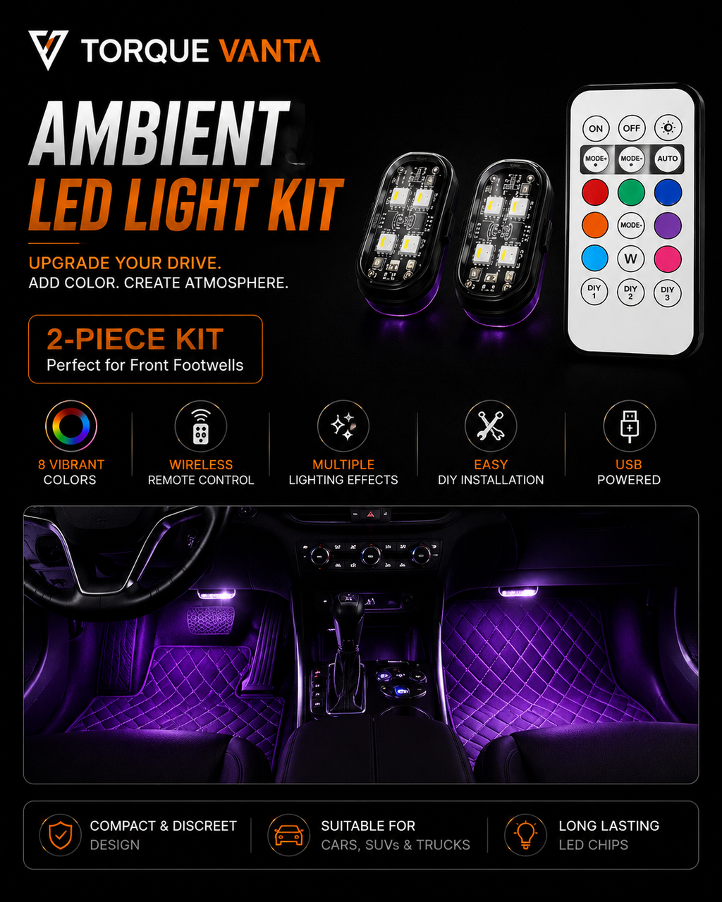 TorqueVanta 8-Color Car Interior Ambient LED Lights – Wireless Remote Control