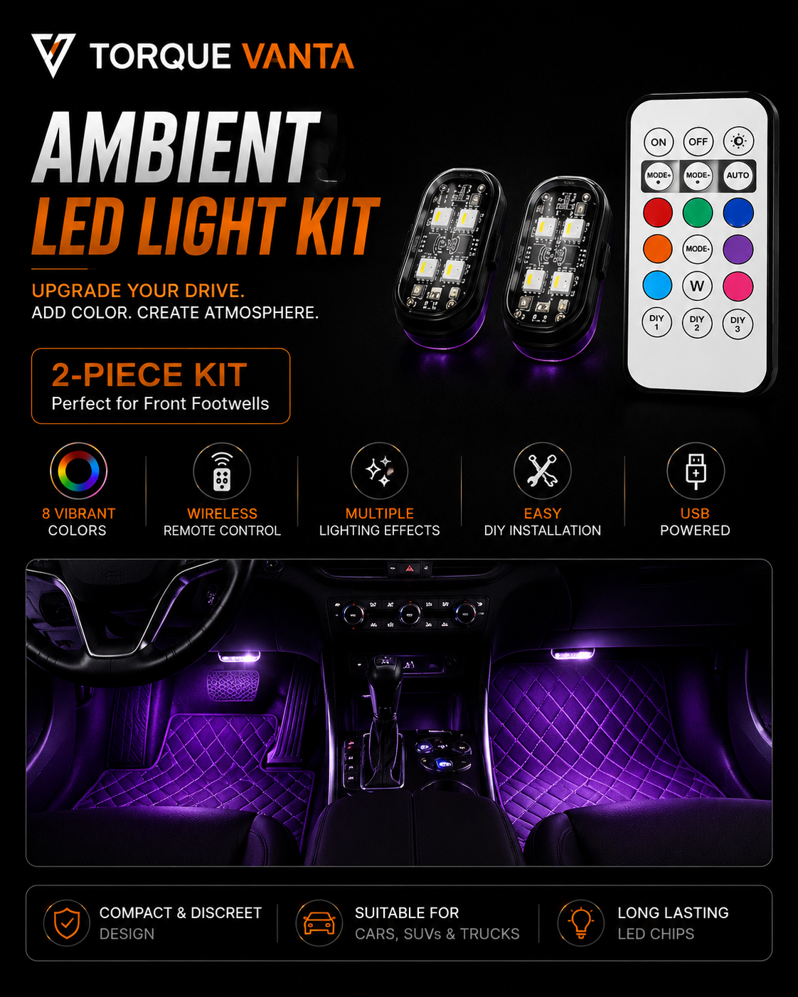 TorqueVanta 8-Color Car Interior Ambient LED Lights – Wireless Remote Control