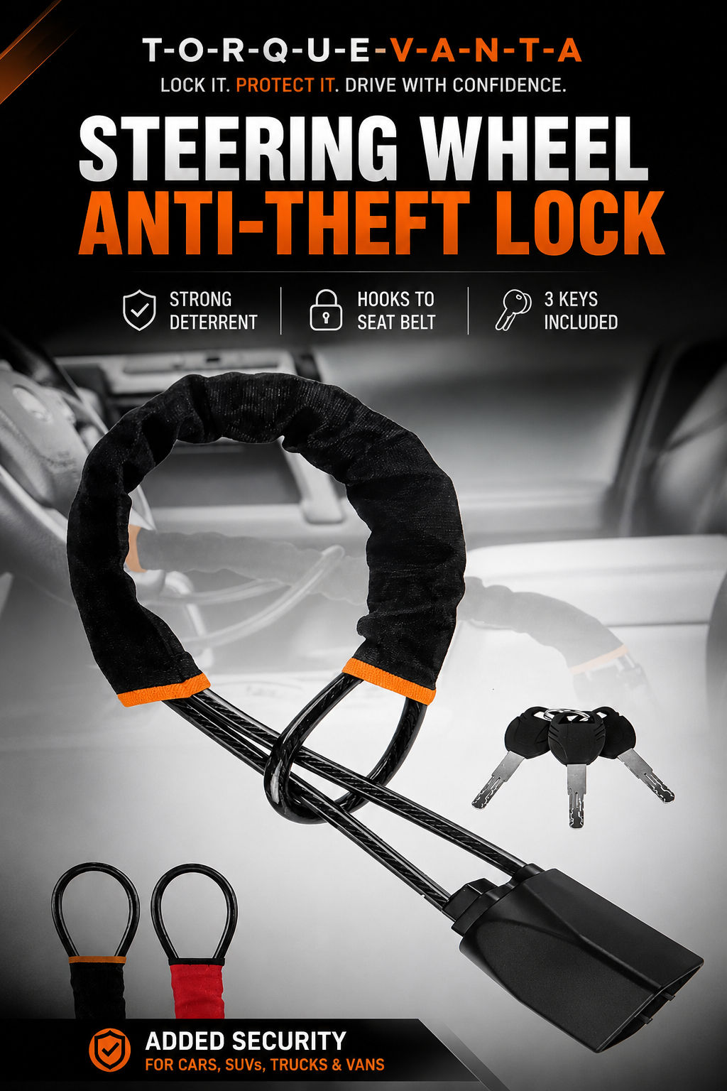 TorqueVanta Universal Steering Wheel Lock – Heavy-Duty Anti-Theft Car Security Device
