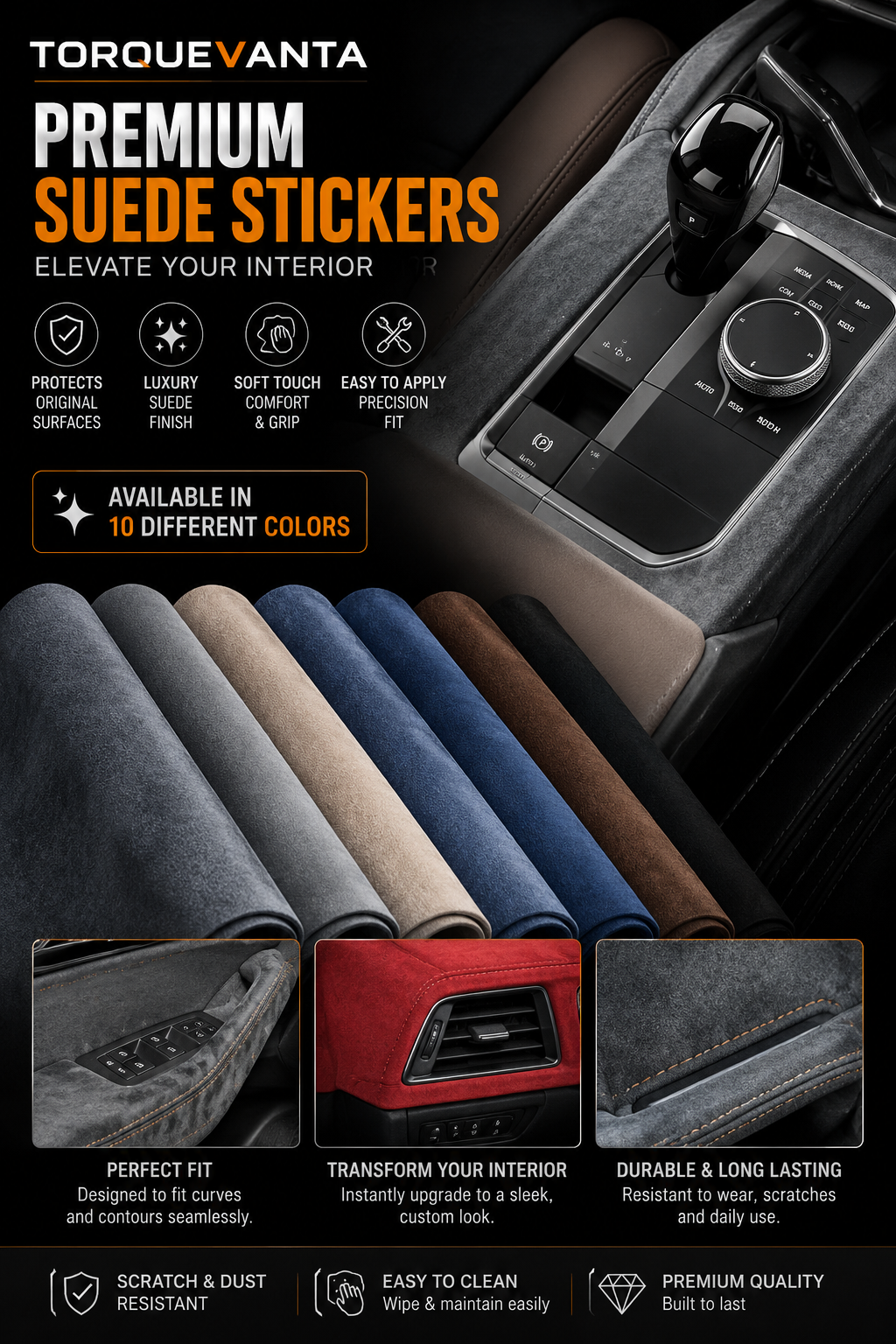 TorqueVanta Premium Self-Adhesive Suede Fabric Car Interior Wrap – Cut-to-Fit Dashboard, Door Panels & Trim