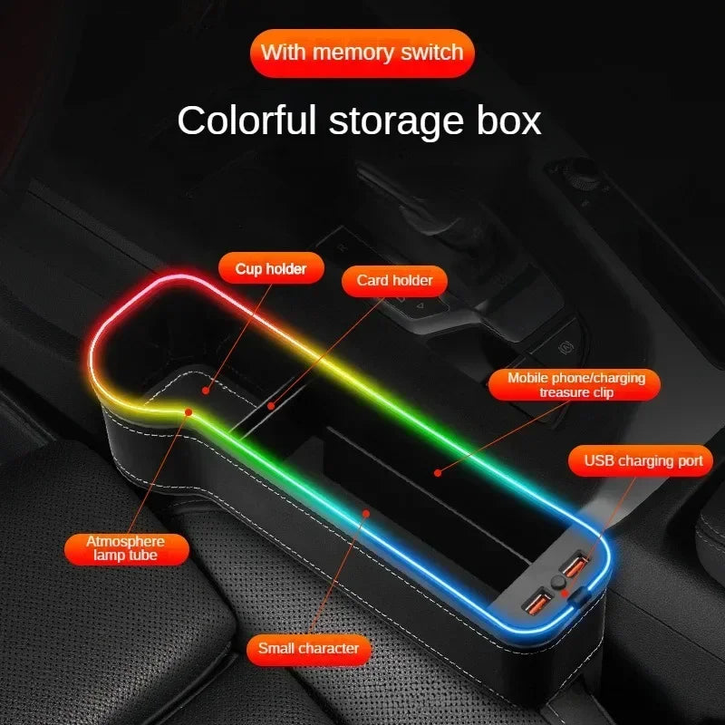 TorqueVanta RGB Car Seat Gap Organizer with Dual USB Charging & 7-Color Ambient LED Light