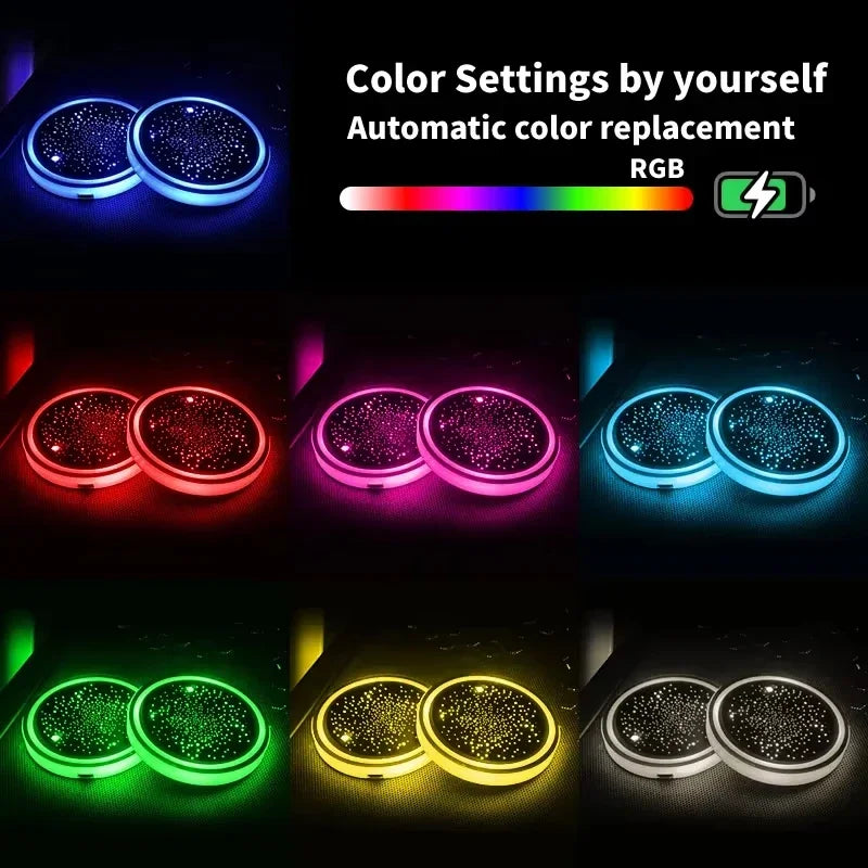 TorqueVanta 7-Color LED Car Cup Holder Coasters – USB Rechargeable Ambient Lights