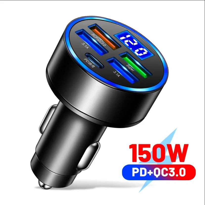 TorqueVanta Multi-Port Fast Car Charger with Digital Voltage Display