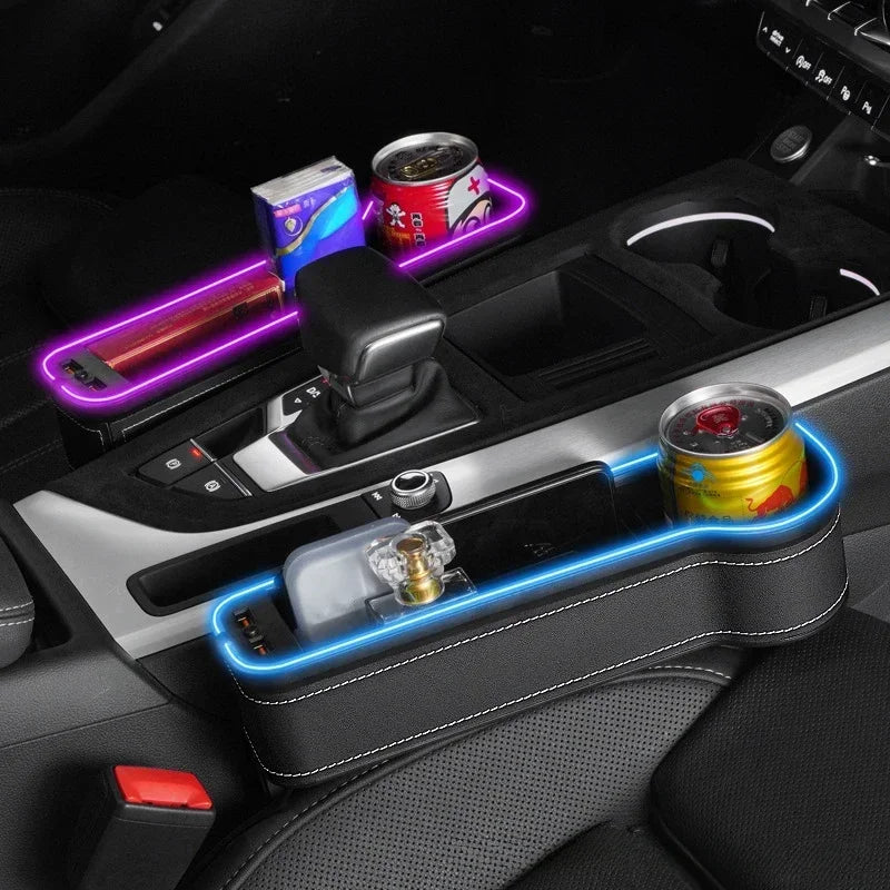 TorqueVanta RGB Car Seat Gap Organizer with Dual USB Charging & 7-Color Ambient LED Light