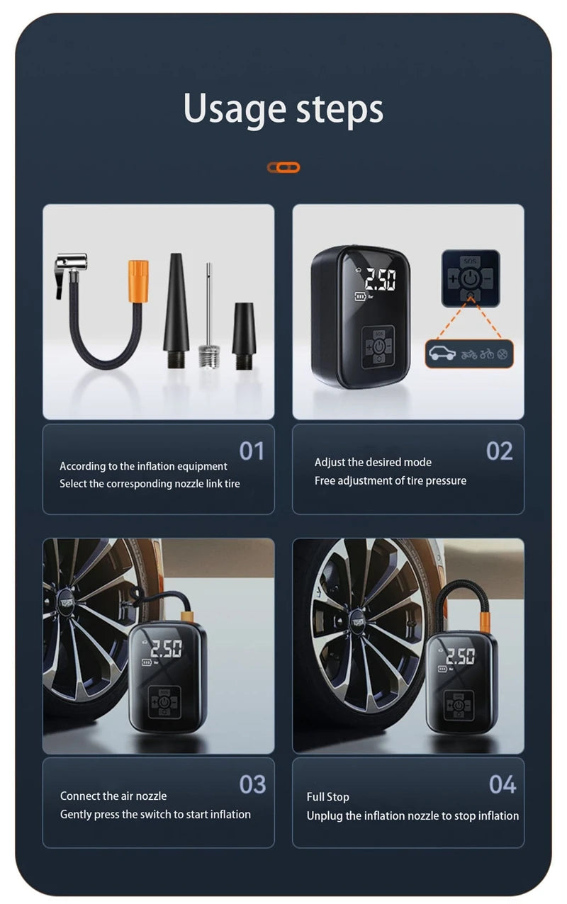 TorqueVanta Wireless Digital Tire Inflator – Portable Car Air Compressor with Digital Pressure Display