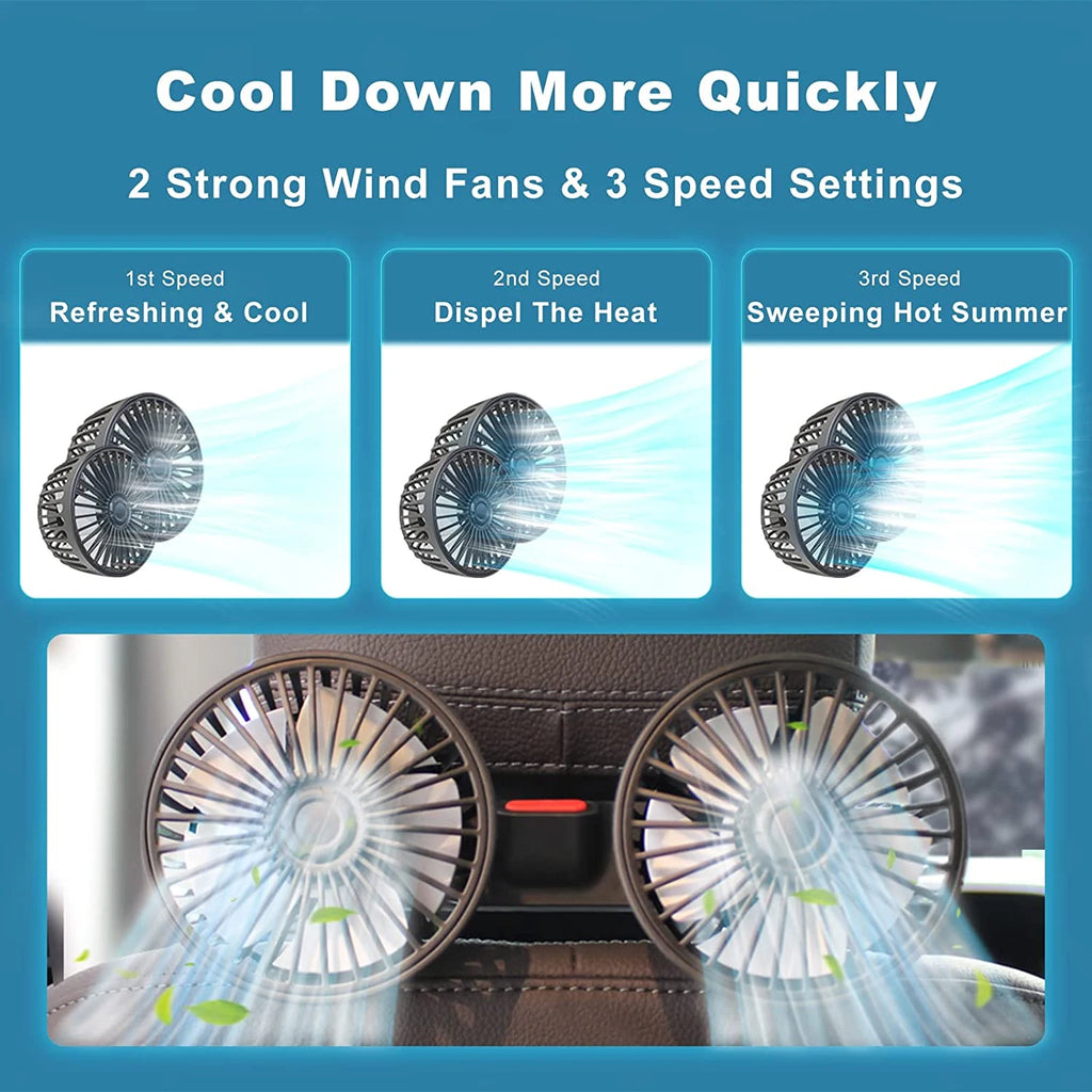 TorqueVanta Dual-Head 360° Car Seat Fan – 3-Speed Rear Passenger Cooling