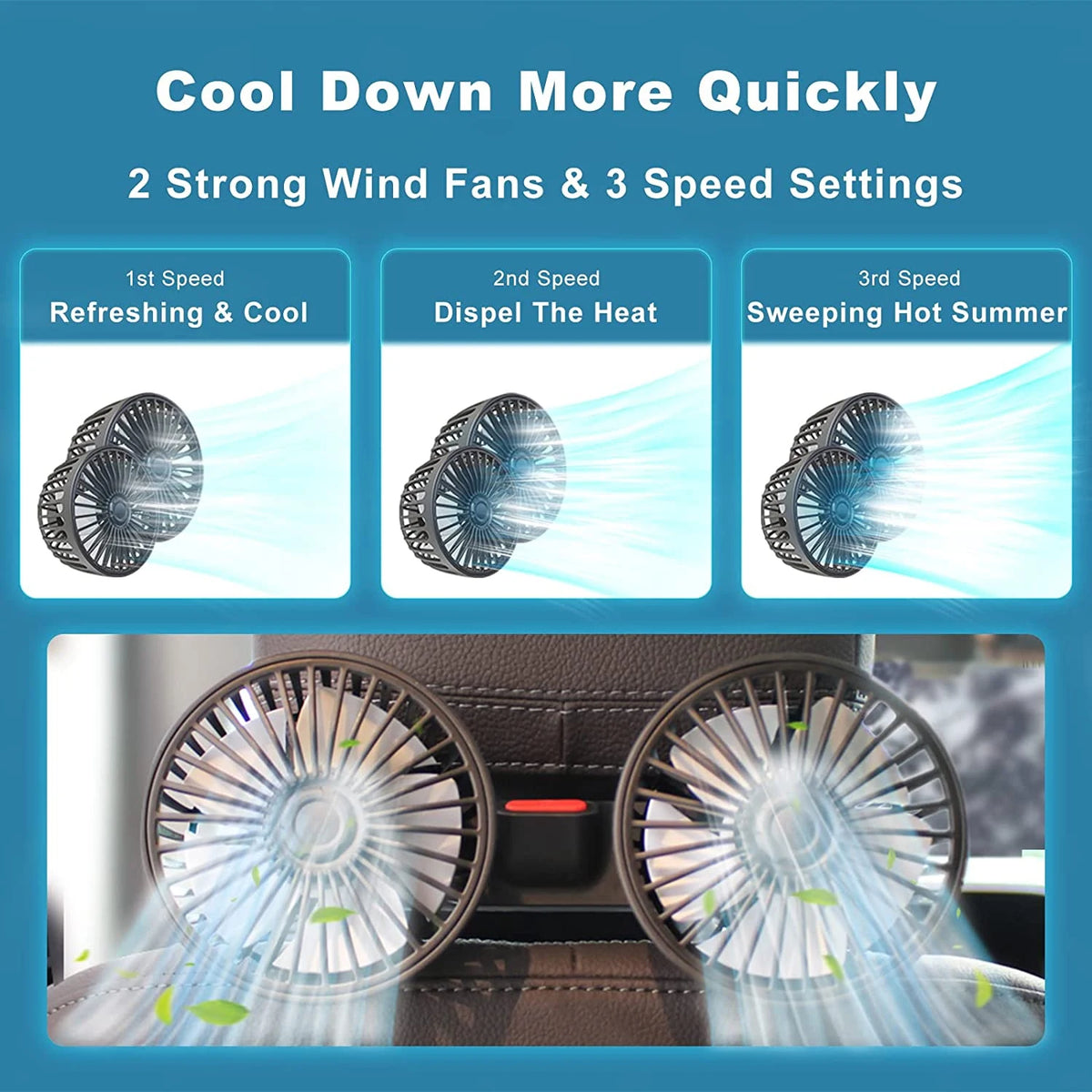 TorqueVanta Dual-Head 360° Car Seat Fan – 3-Speed Rear Passenger Cooling