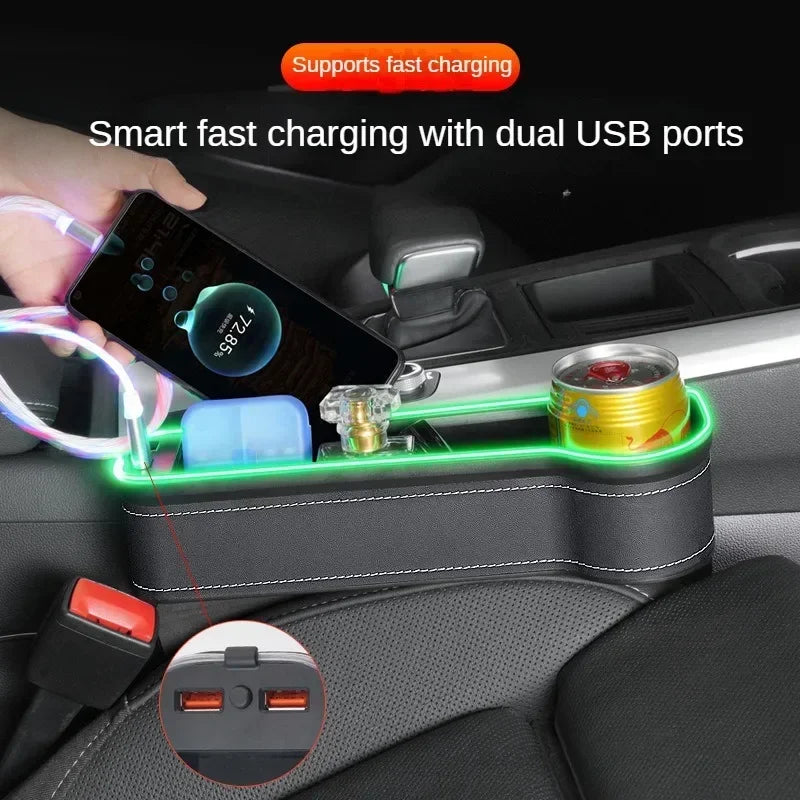 TorqueVanta RGB Car Seat Gap Organizer with Dual USB Charging & 7-Color Ambient LED Light