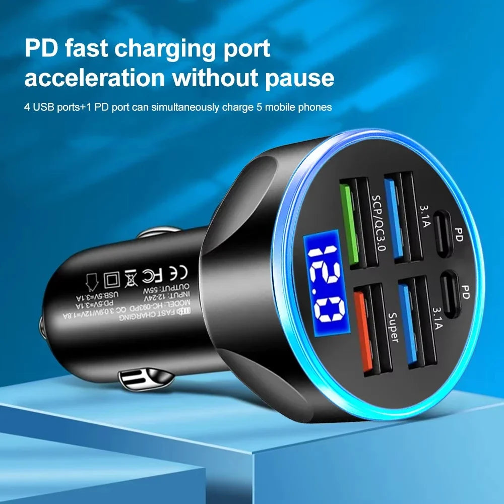 TorqueVanta Multi-Port Fast Car Charger with Digital Voltage Display