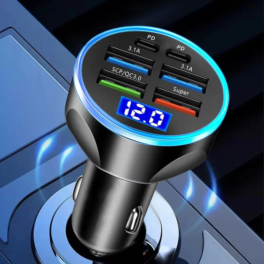 TorqueVanta Multi-Port Fast Car Charger with Digital Voltage Display
