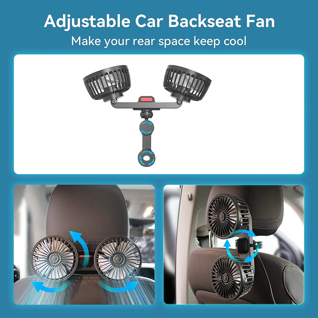 TorqueVanta Dual-Head 360° Car Seat Fan – 3-Speed Rear Passenger Cooling