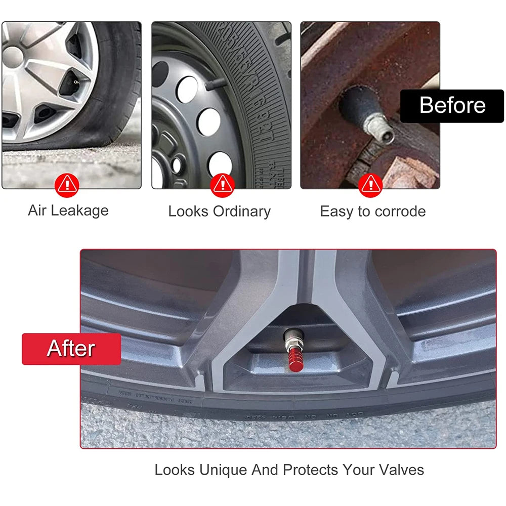 TorqueVanta Aluminum Tire Valve Stem Caps – Universal Car Wheel Valve Covers with Rubber Seals