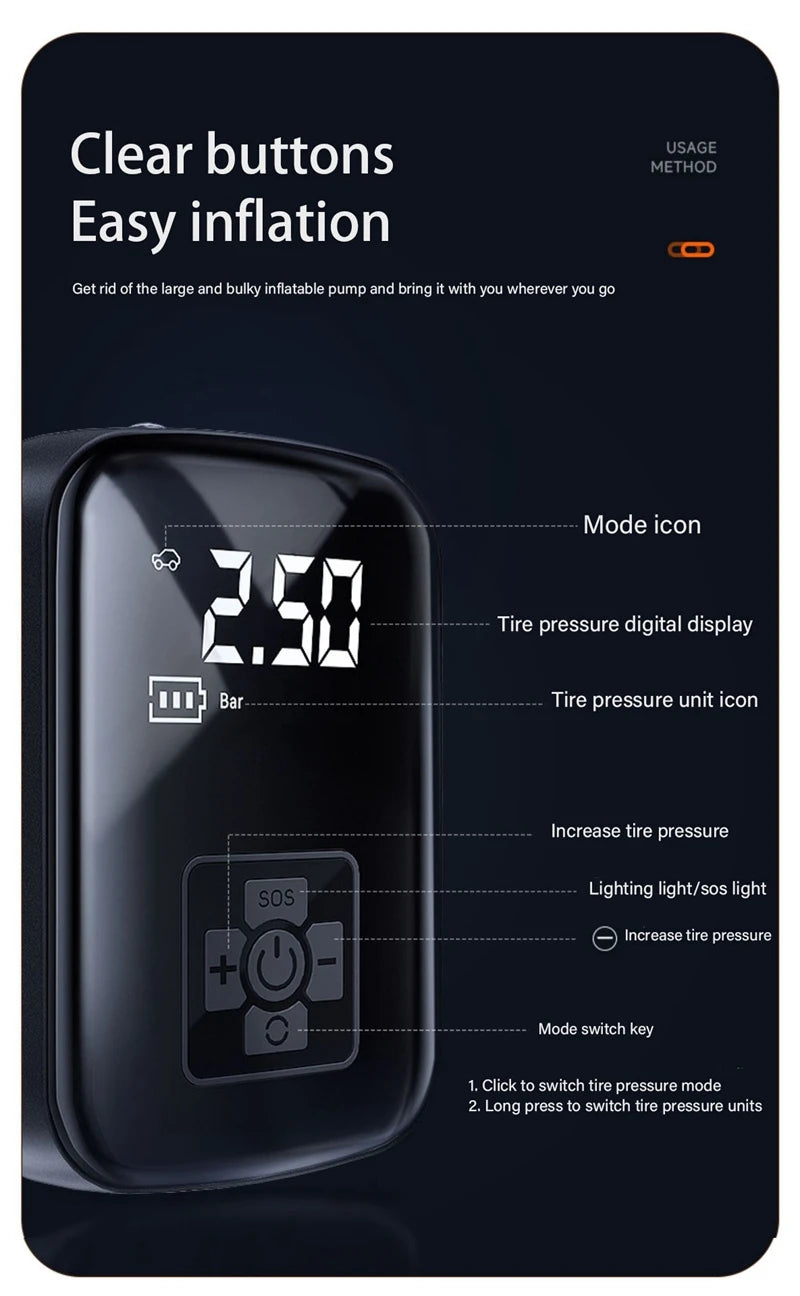 TorqueVanta Wireless Digital Tire Inflator – Portable Car Air Compressor with Digital Pressure Display