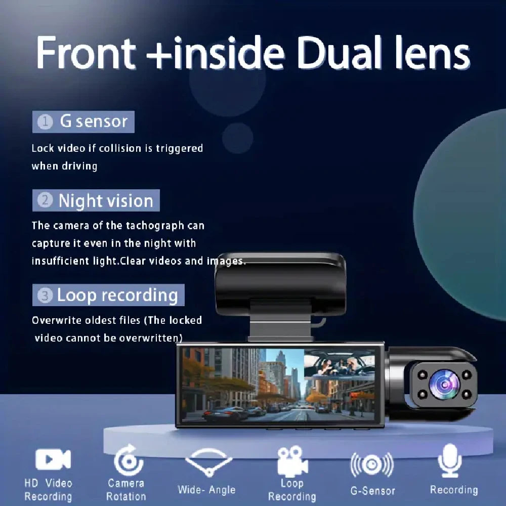 TorqueVanta 3.16” 1080P Dual-Lens Dash Cam – Front & Interior Camera, IPS Display, Night Vision & G-Sensor