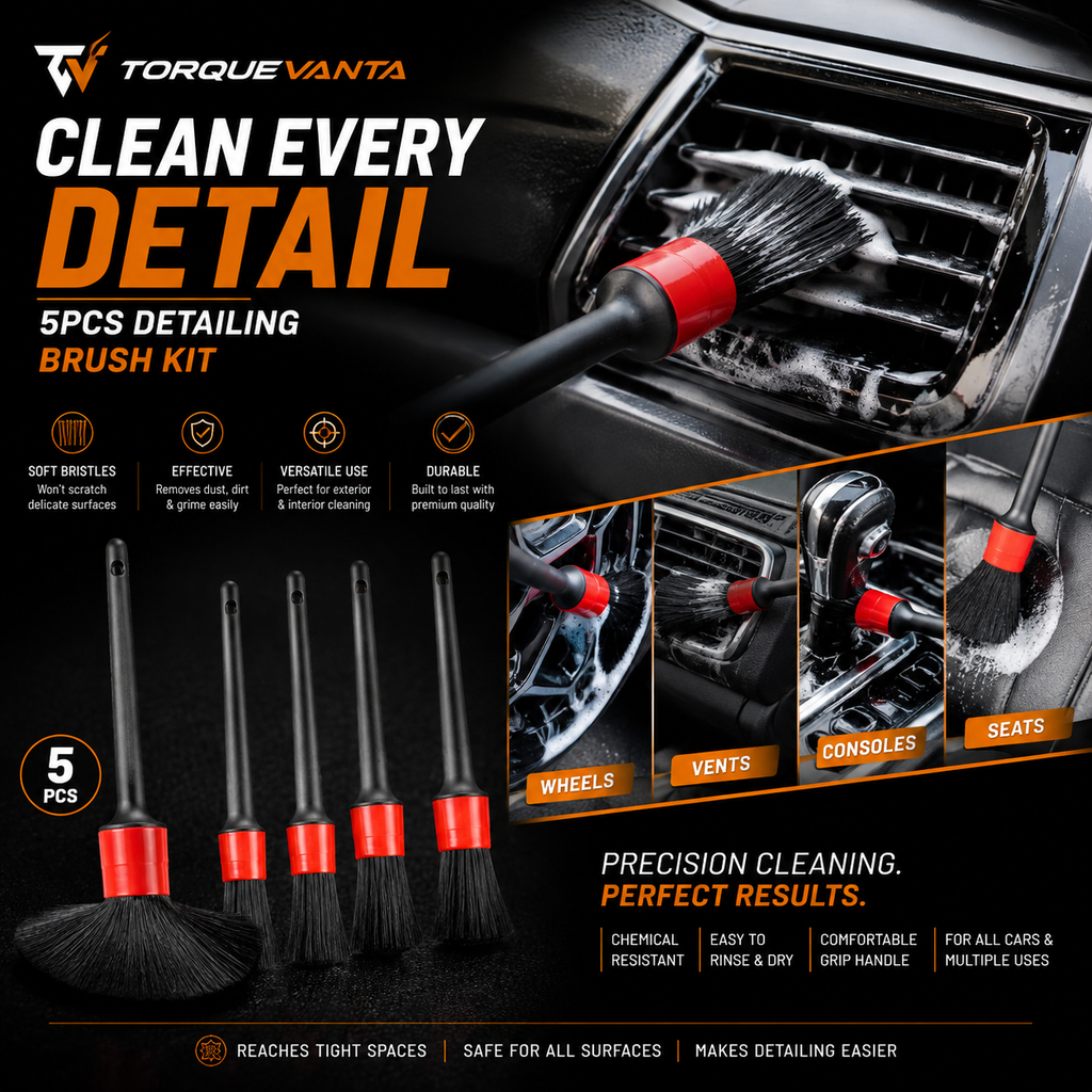 TorqueVanta 5-Piece Car Detailing Brush Set – Interior & Exterior Cleaning Brushes