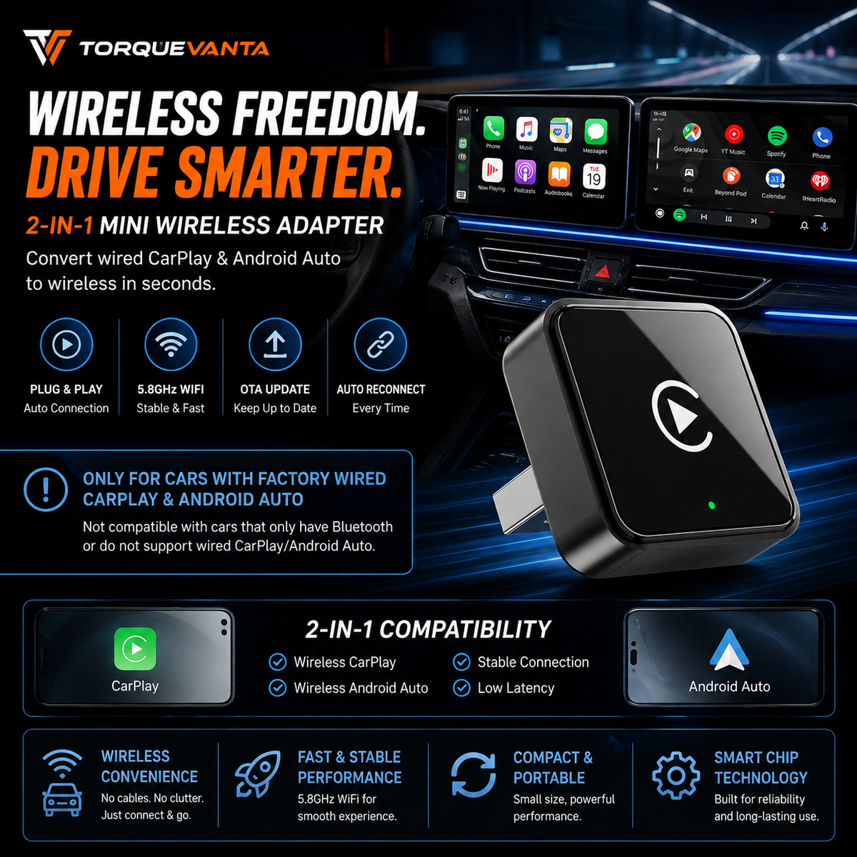 Wireless CarPlay & Android Auto Adapter – Wired to Wireless 2-in-1